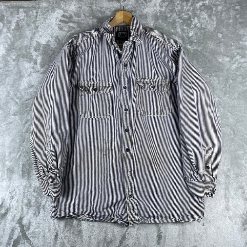 Key Workwear Hickory Shirt Mens L Tall Blue Striped Button Up Conductor Work